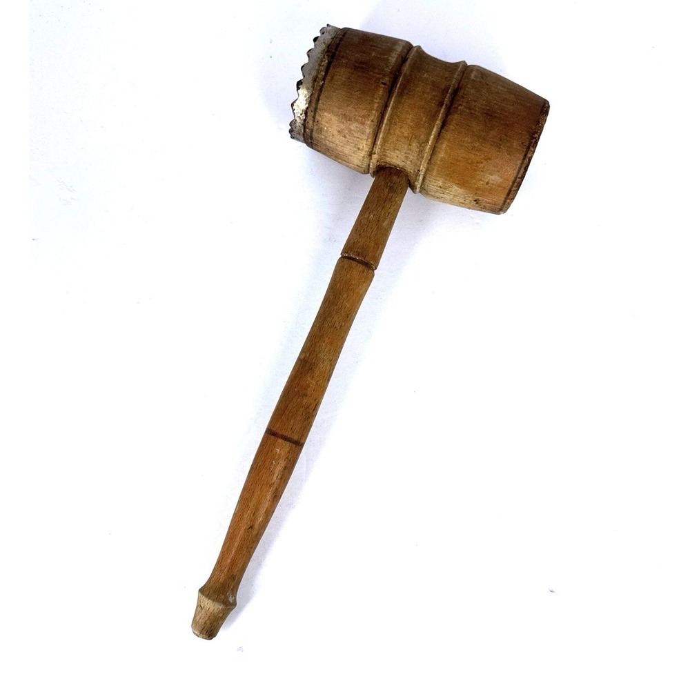 Vintage Wood Meat Tenderizer Mallet Metal Textured Face Rustic Kitchen‎ Decor